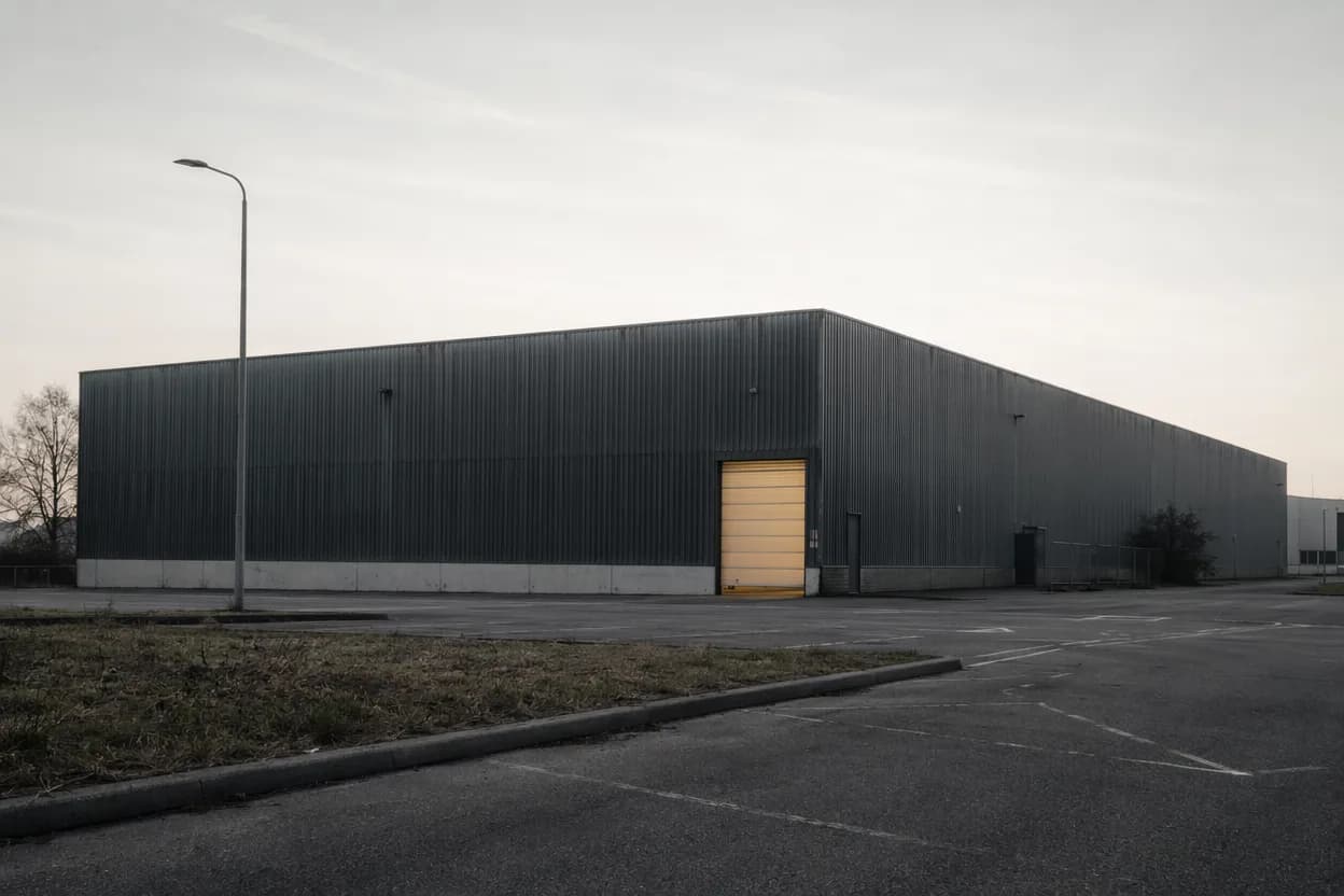 Bedrijfshal van buiten, op afstand, in het vroege ochtendlicht — één deur verlicht
