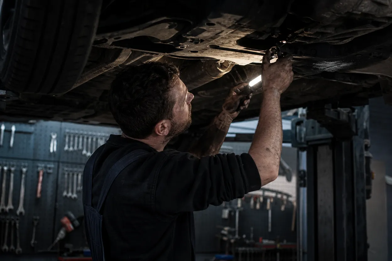 Monteur werkt met een looplamp onder een auto op de brug