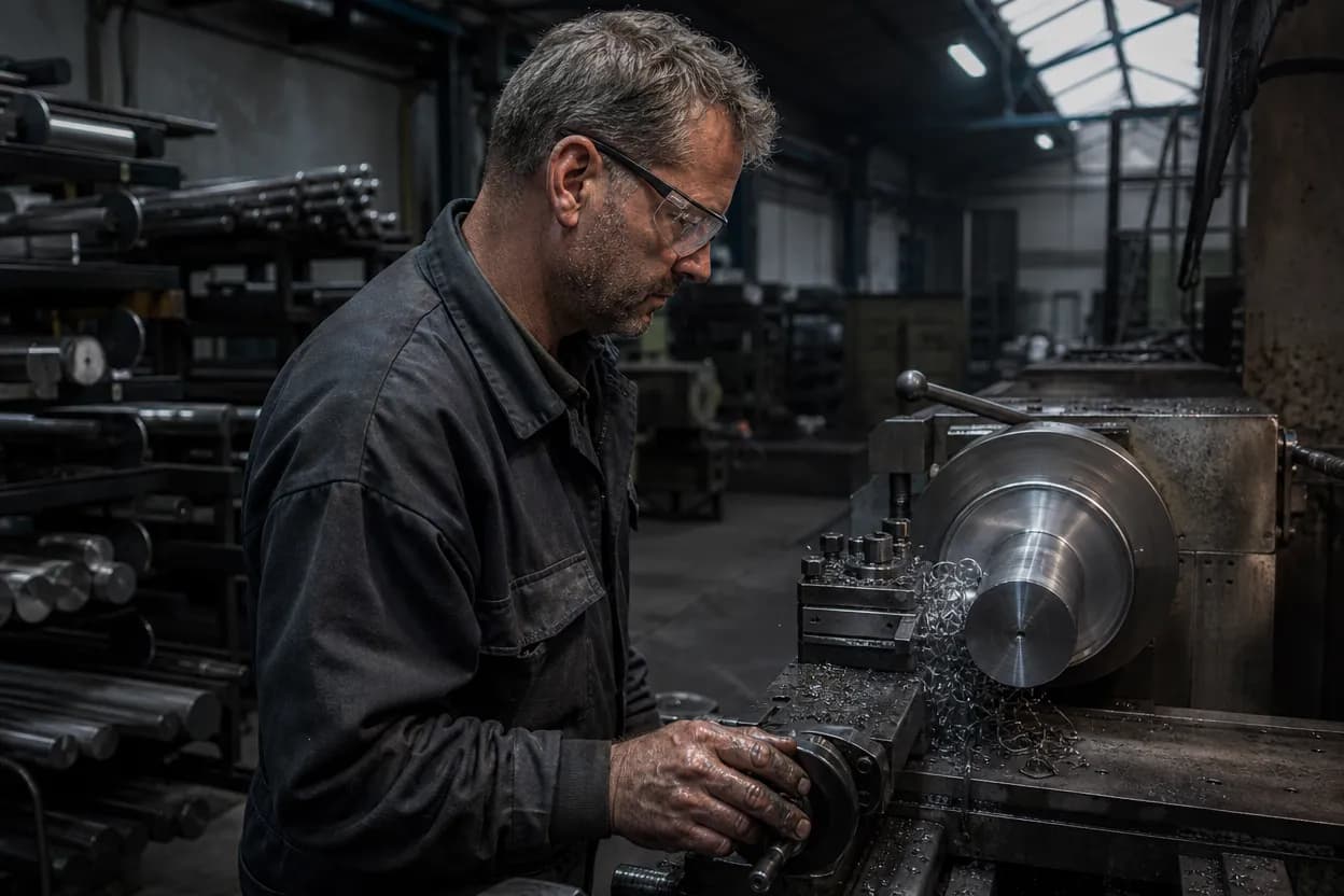Draaier aan het werk bij een draaibank in de fabriekshal