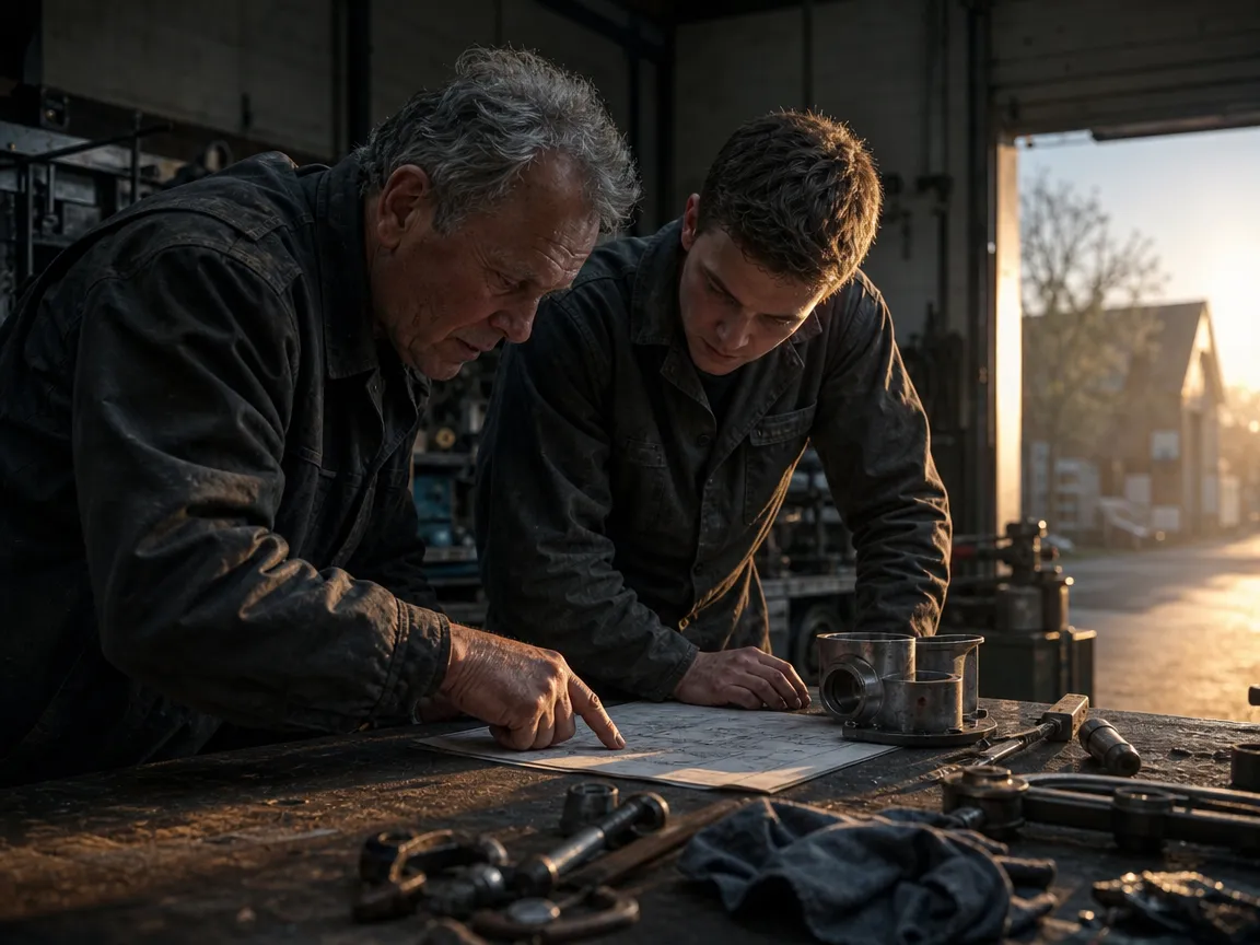 Twee vakmensen buigen zich samen over een werktekening in de werkplaats